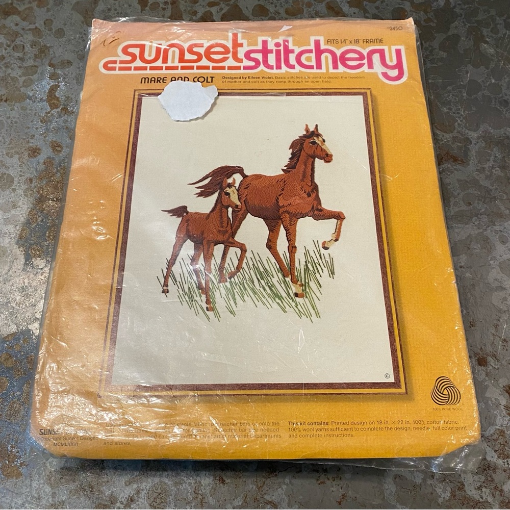Sunset Stitchery Mare and Colt embroidery designs diy 14x 18 frame Art craft